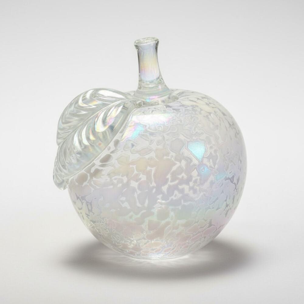 Iridescent Art Glass Apple Paperweight-White Spatter Glass-Hand Blown-Sculpture